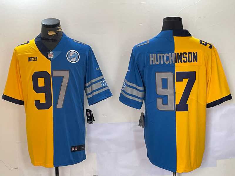 Men%27s Detroit Lions #97 Aidan Hutchinson Yellow Blue Split Vapor Limited Stitched Jersey Dzhi